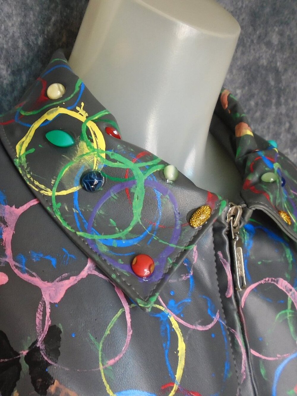 Vegan Leather Jacket with Eclectic Multicolor  Art Hobo Chic Edgy OOAK Unique - Picture 3 of 13
